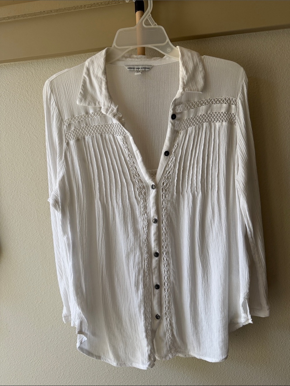American Eagle Outfitters White Button-Front Lace-Trim Blouse